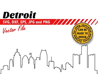 Silhueta de Detroit em formato SVG, DXF, EPS, JPG e PNG. Paisagem urbana em linhas para impressão e recorte. Ideal para presentes DIY, camisetas, cartões e pôsteres.