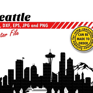 Seattle Skyline Svg, Dxf, Eps, Jpg, Png. Cutting City Silhouette Vector. Cadeau de bricolage du centre-ville, modèle de papier cartonné, t-shirt, design d’impression murale.