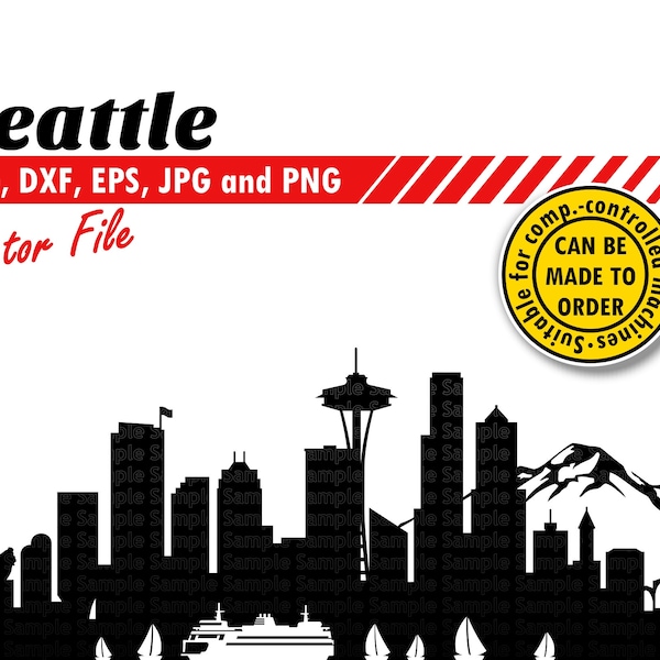 Seattle Skyline Svg, Dxf, Eps, Jpg, Png. Cutting City Silhouette Vector. Downtown DIY Gift, Card Stock Template, T-shirt, Wall Print Design.