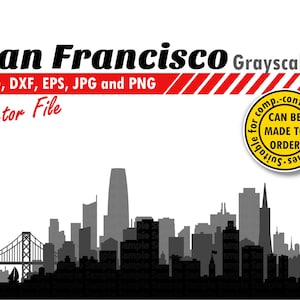 Silueta de San Francisco en capas en formato Svg, Dxf, Png, Jpg, Eps. Silueta de paisaje urbano para cortar e imprimir. Diseño para hacer tú mismo, como regalo, como cartulina o para imprimir en la pared.