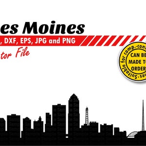 Des Moines Skyline Svg, Eps, Dxf, JPG, Png. Silhouette de la ville pour l’impression et la découpe de fichiers. Cadeau de bricolage B-day, laser, t-shirt, design d’impression murale.