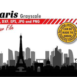 Skyline em tons de cinza de Paris Arquivo Svg, Dxf, Eps, Jpg e Png. Arquivo de corte vetorial de silhueta de cidade multicamadas. Presente DIY da França, caixa de sombra da cidade