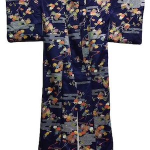 Vintage Japanese hanten yukata kimono jacket floral abstract on dark blue no closure size L