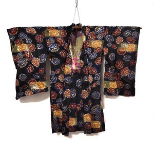 Vintage japanese hanten haori cardigan jacket kimono jacket flower on black size M