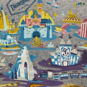 May include: A gray t-shirt with a colorful illustration of Disneyland park. The illustration includes Sleeping Beauty Castle, the Matterhorn, Space Mountain, and other iconic attractions. The text "Disneyland" and "17 Jul 1955" is printed on the shirt.