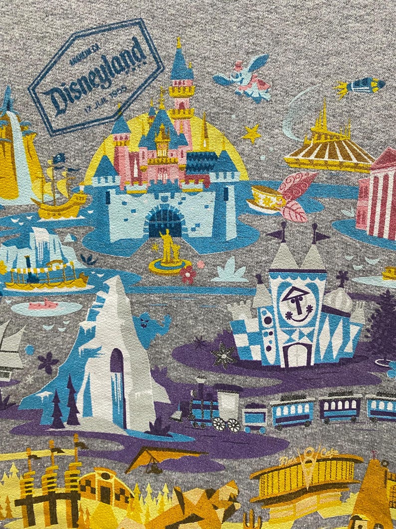 May include: A gray t-shirt with a colorful illustration of Disneyland park. The illustration includes Sleeping Beauty Castle, the Matterhorn, Space Mountain, and other iconic attractions. The text "Disneyland" and "17 Jul 1955" is printed on the shirt.