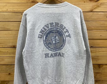 May include: A gray sweatshirt with a crew neck, featuring a circular graphic on the back. The graphic includes the text "UNIVERSITY OF HAWAII" and "HAWAII", along with a map and other text elements. The sweatshirt is hanging on a wooden hanger.