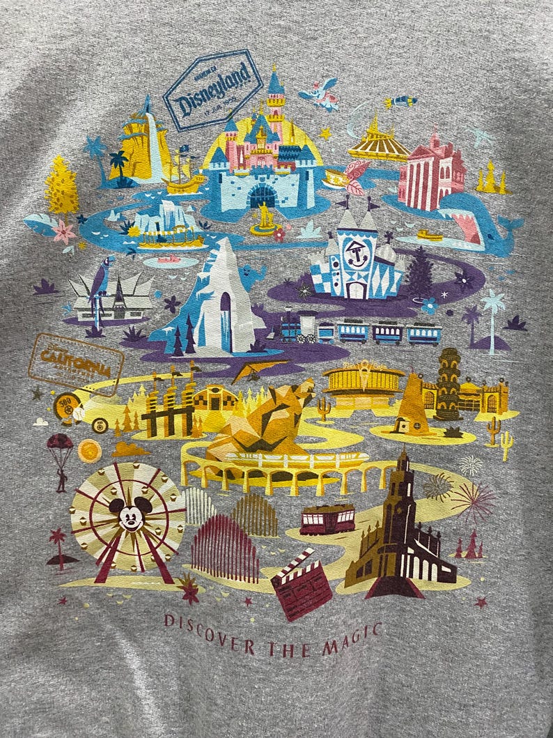 May include: A gray t-shirt with a colorful illustration of Disneyland park. The illustration includes iconic landmarks like Sleeping Beauty Castle, the Matterhorn, and the Haunted Mansion. The text "Discover the Magic" is printed at the bottom of the shirt.