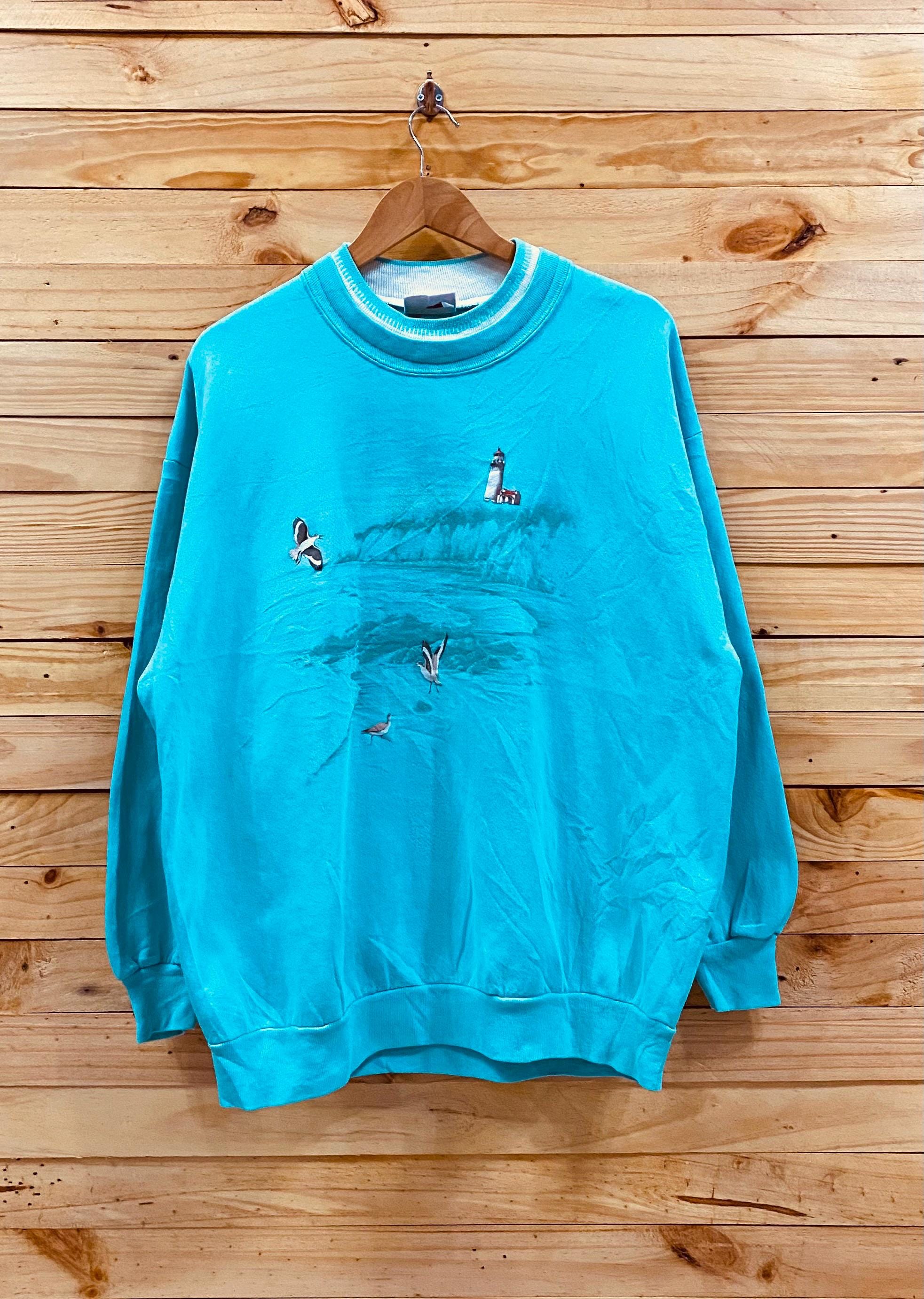 Vintage morning sun beach landscape bird & light house double neck sweatshirt size XL