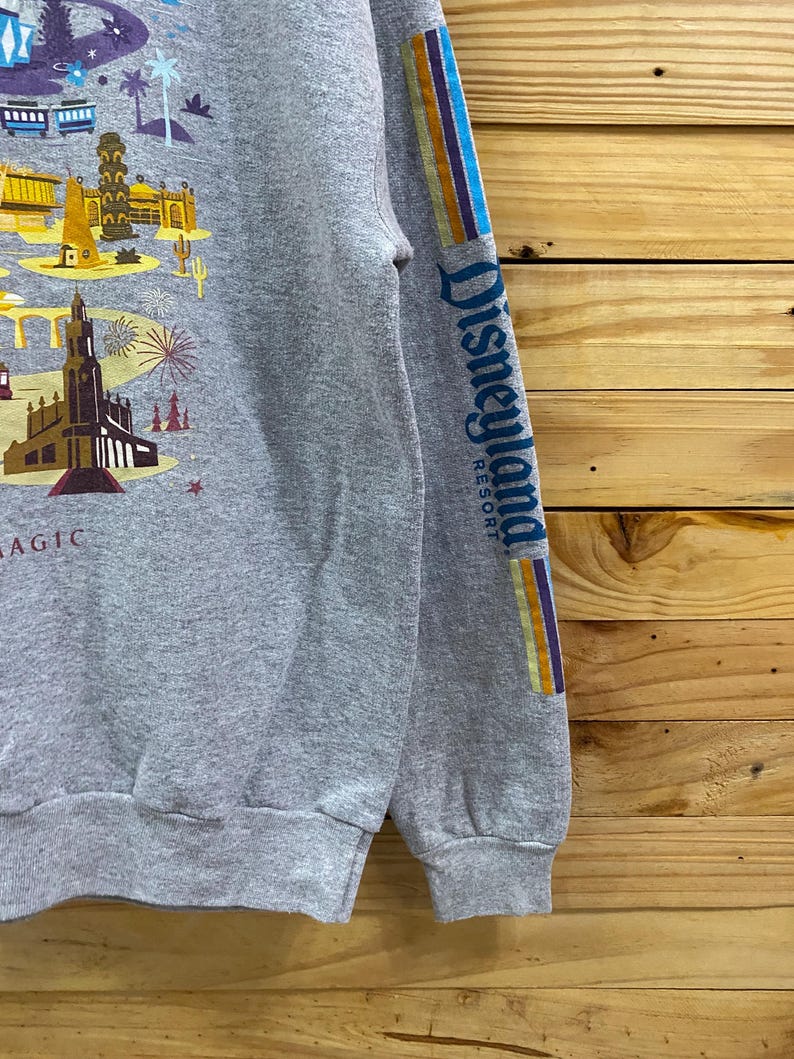 May include: Gray sweatshirt with a colorful graphic print of Disneyland Resort attractions and the text "Disneyland Resort" on the sleeve.