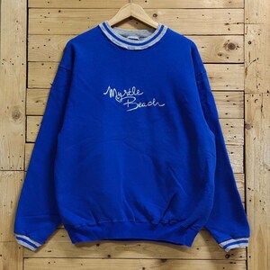 Vintage MYRTLE BEACH bordado carta azul ringer sudadera talla XL se ajusta a L