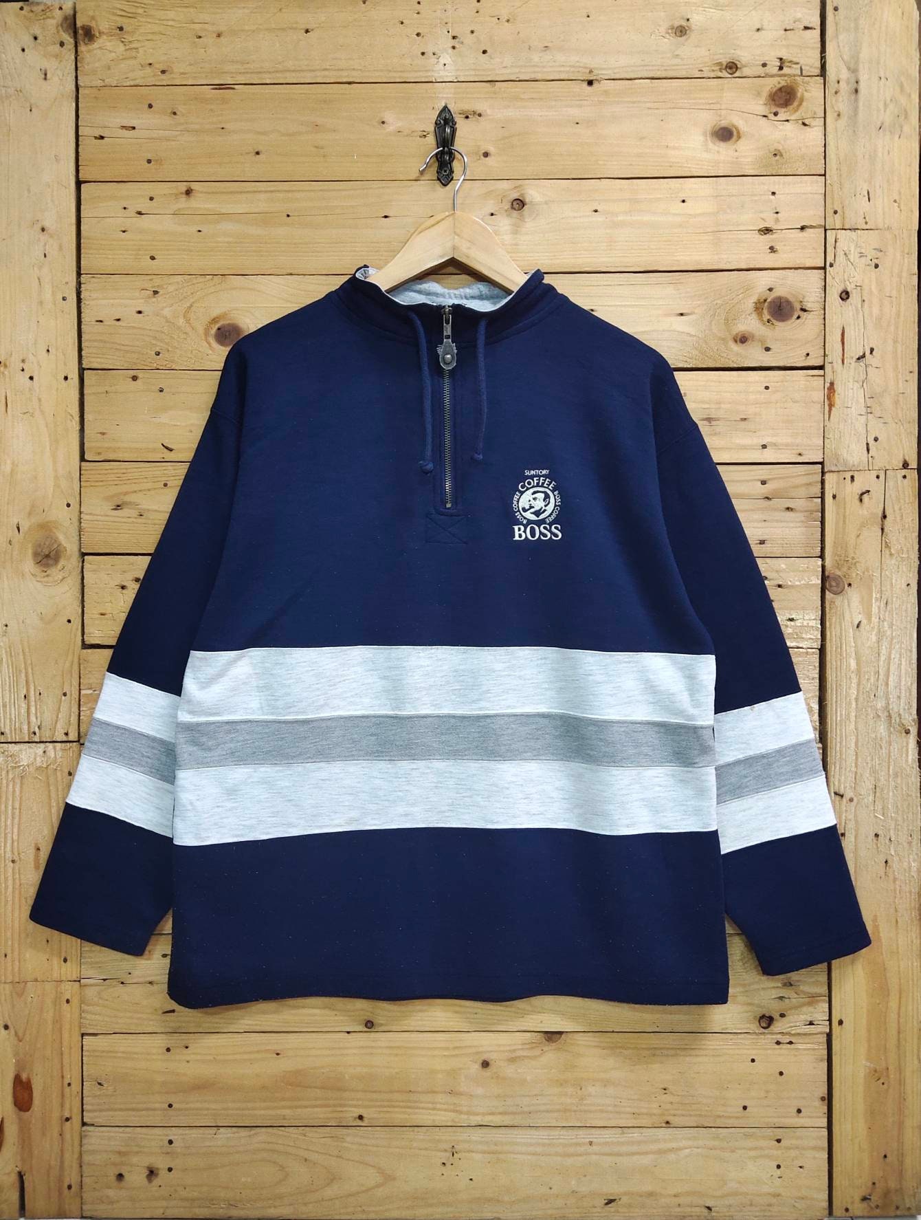 Vintage SUNTORY coffee BOSS embroidery small logo half zipped striped sweatshirt size M