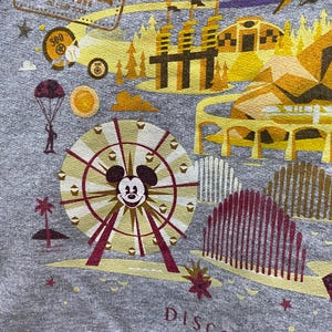 May include: A gray t-shirt with a colorful illustration of a map of Disneyland. The illustration includes Mickey Mouse on a Ferris wheel, a castle, and the text "Discover the Magic".