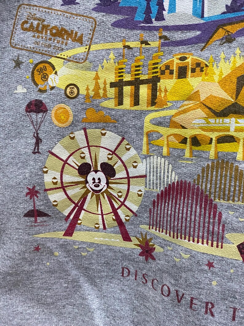 May include: A gray t-shirt with a colorful illustration of a map of Disneyland. The illustration includes Mickey Mouse on a Ferris wheel, a castle, and the text "Discover the Magic".
