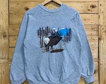Vintage jaren 80 wilde MOOSE mooi schilderij ronde hals trui maat M