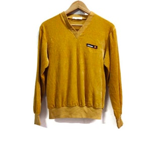 Vintage 70s ELLESSE embroidery small logo mustard yellow v-neck velvet sweatshirt size M