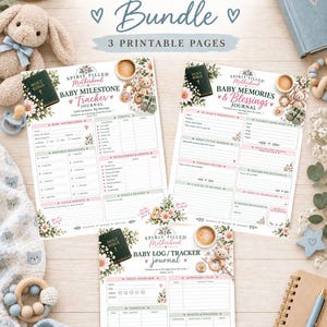 以下が含まれることがあります： Spirit Filled Motherhood Baby Planner Bundleというタイトルの3枚の印刷可能なベビー用プランナーページセット。ベビーマイルストーントラッカー、ベビーメモリーズ＆ブレッシングスジャーナル、ベビーログトラッカーが含まれており、花柄のグラフィックとテキストが記載されています。