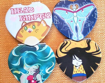 Heart-shaped Compact Mirrors with Cats, Moths, Yokai, and Mermaids