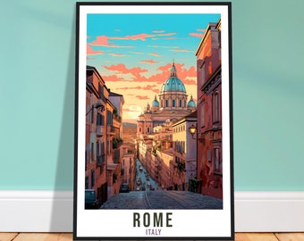 Puede incluir: Una ilustración colorida de una escena callejera en Roma, Italia. La imagen presenta una calle estrecha bordeada de edificios, con un gran edificio en forma de cúpula al final de la calle. El cielo es de un naranja y rosa vibrantes, y los edificios son una mezcla de amarillo, naranja y rojo. El texto "ROMA" e "ITALIA" está en la parte inferior de la imagen.