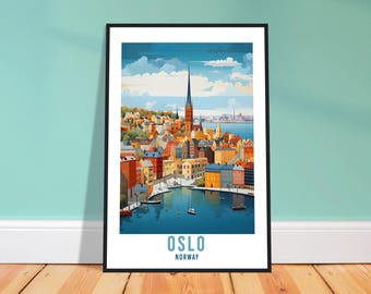 Stampa di viaggio di Oslo – Decorazione murale norvegese in stile vintage per la camera da letto, ricordo della città