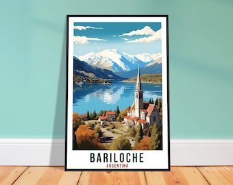 May include: Framed art print of Bariloche, Argentina. The image features a church with a tall steeple, nestled among trees and buildings, with a lake and snow-capped mountains in the background. The text "BARILOCHE ARGENTINA" is at the bottom.