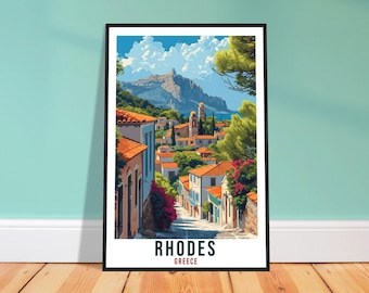 Plakat z podróży Rodos – akwarelowa grecka sztuka ścienna do salonu, pamiątka z wyspy