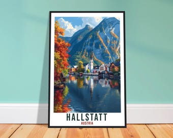 Hallstatt resetryck – akvarell österrikisk väggkonst för tavelvägg, kulturarvsgåva