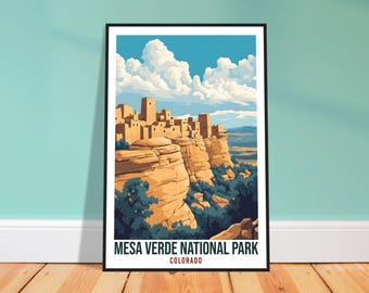 Lámina de viaje del Parque Nacional Mesa Verde – Arte mural retro americano, regalo conmemorativo