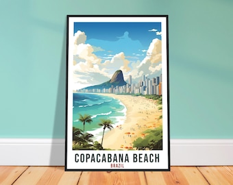 May include: A framed art print showing a stylized illustration of Copacabana Beach in Brazil. The artwork depicts a beach scene with palm trees, a mountain, and a city skyline under a blue sky with clouds. The words "Copacabana Beach Brazil" are printed at the bottom.