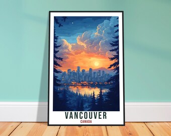 Lámina de viaje de Vancouver: arte mural moderno de la ciudad canadiense para la sala de estar, regalo de aventura.