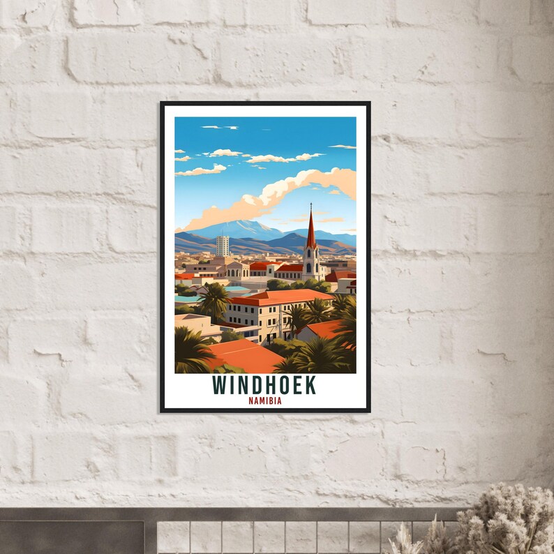 Lámina de viaje de Windhoek: Arte mural expresivo de Namibia para la sala de estar, regalo con temática patrimonial. imagen 6