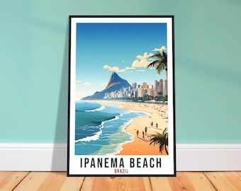 May include: A framed art print of Ipanema Beach in Brazil. The illustration shows a sunny beach scene with a mountain, city skyline, palm trees, and people. The words "IPANEMA BEACH" and "BRAZIL" are printed at the bottom.