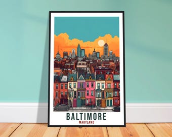 May include: A framed art print featuring a colorful illustration of Baltimore, Maryland. The artwork depicts a row of vibrant houses in shades of pink, yellow, and blue, with a cityscape and sunset in the background. The word "BALTIMORE" is printed at the bottom.