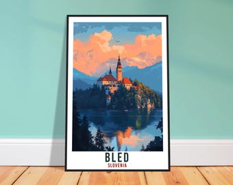 Lámina de viaje de Bled – Acuarela eslovena para pared, ideal para el dormitorio o como regalo para los amantes de los viajes.