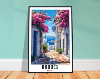 Plakat z podróży Rodos – akwarela w stylu greckim do jadalni, pamiątka z wyspy