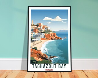 Lámina de viaje de la bahía de Taghazout: arte mural marroquí expresivo, regalo costero.