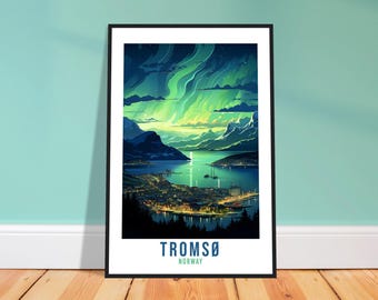 May include: Framed art print featuring a vibrant illustration of Tromsø, Norway. The artwork depicts a coastal city under a dramatic sky with the Northern Lights. The print includes the city's name and country.