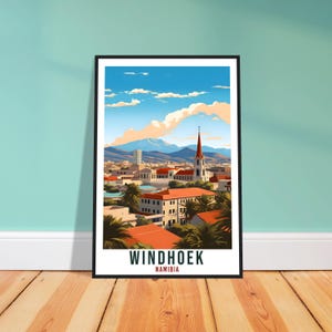 Lámina de viaje de Windhoek: Arte mural expresivo de Namibia para la sala de estar, regalo con temática patrimonial. imagen 1