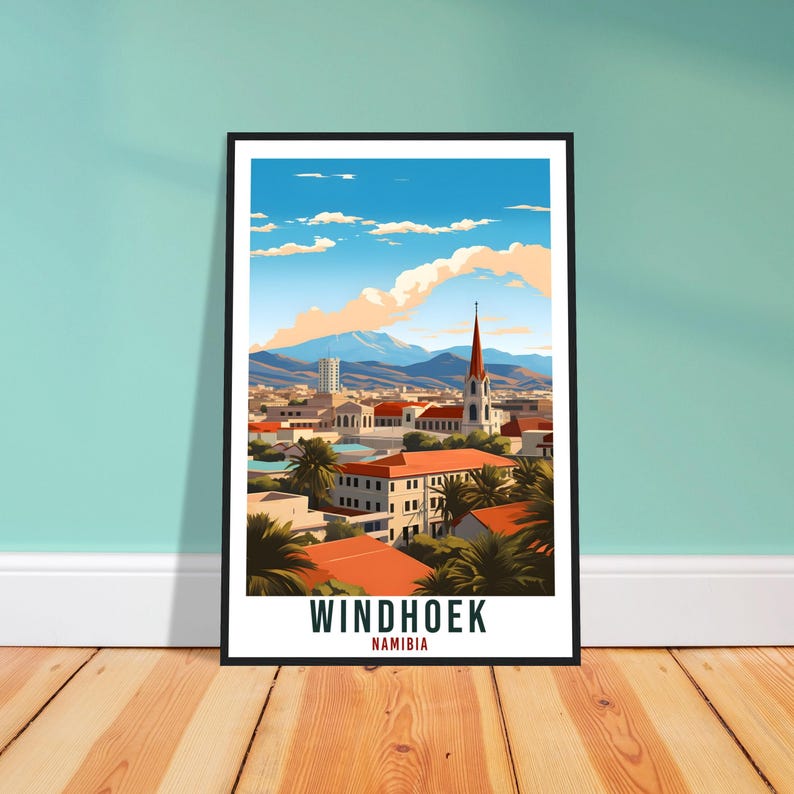 Lámina de viaje de Windhoek: Arte mural expresivo de Namibia para la sala de estar, regalo con temática patrimonial. imagen 1