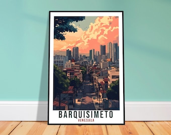 May include: A framed art print featuring a stylized cityscape of Barquisimeto, Venezuela. The artwork showcases a street view with buildings and skyscrapers under a sunset sky. The print has a black frame and is displayed against a teal wall and wooden floor.