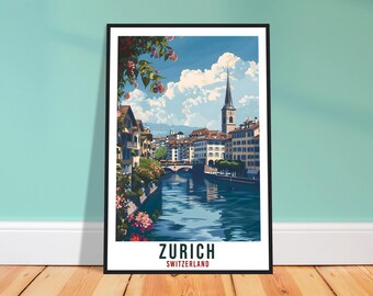 Zurich Travel Print – Watercolour Swiss Wall Art for Bedroom, Wanderlust Gift