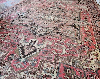 9 x 13 exact 9.2 x 12.6 Antique Top Quality Veg Dye Serapi Heriz Area Rug Hand Knotted Vintage One of a Kind Unique Geometric Design