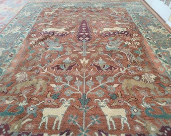 9 x 12 Vintage Design Top Quality Indo Caucasian Area Rug Decorative Hand Knotted Unique Animal Tree of Life