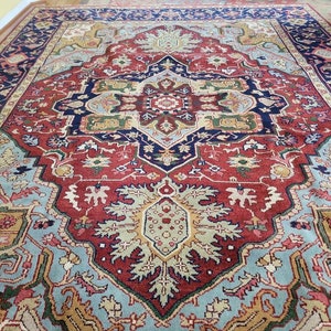 9 x 12 Vintage Design Top quality Fine Indo Serapi Area Rug Hand Knotted Unique One of a Kind Geometric Design