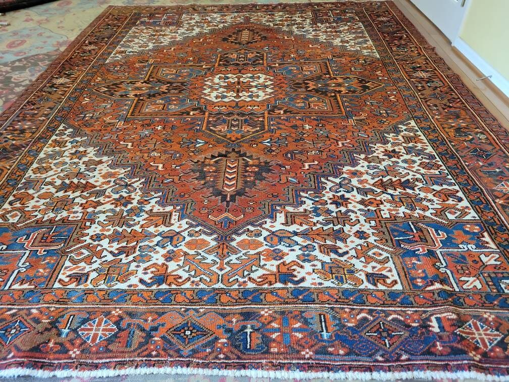 8 x 11 or 8.3 x 10.6 Antique Top Quality Veg Dye Azerbaijan Area Rug Decorative Hand Knotted One of a Kind Vintage Unique Geometric Design