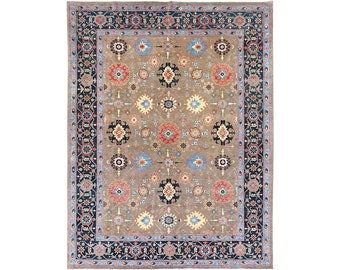 9x12 9x11.9 Vintage Design Topkwaliteit Veg Dye Peshawar Serapi Fijnste decoratieve handgeknoopte unieke geometrische gebiedsdeken