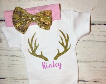 Deer antlers baby girl personalized outfit with name in glitter, name outfit, fawn deer, Customize Rustic newborn Baby girl gift, preemie