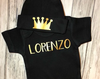 Personalized baby boy name outfit, Prince crown coming home outfit, Monogrammed name baby shower gift, custom baby clothes, prince crown