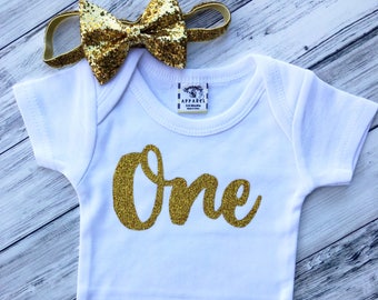 One glitter Onesie With bow headband/birthday onesie/first birthday girl/1st birthday girl/glitter birthday shirt/one month onesie/1 month