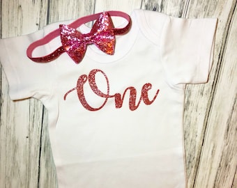 One rose gold glitter Onesie With bow headband/birthday onesie/first birthday girl/1st birthday girl/glitter birthday shirt/one month onesie